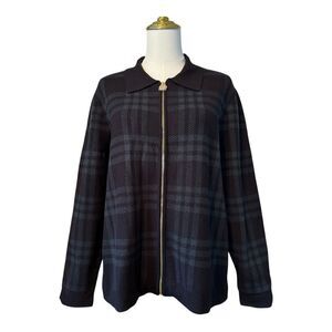 Anne Klein Black Green Plaid Zip Sweater Cardigan Jacket XL NWT